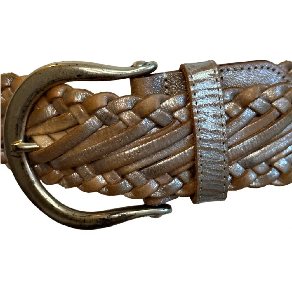 Linea Pelle Tan Silver Gold Metallic Braided Leather Belt sz M 41" - Picture 11 of 11